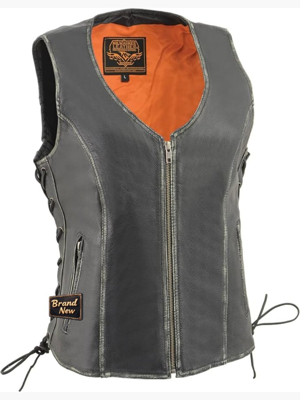 Distressed Black Leather Vest with Zipper Front and Side Lace